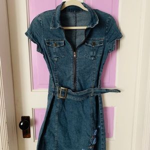 Vintage Denim Zip Up Dress with Belt & Embroidery
